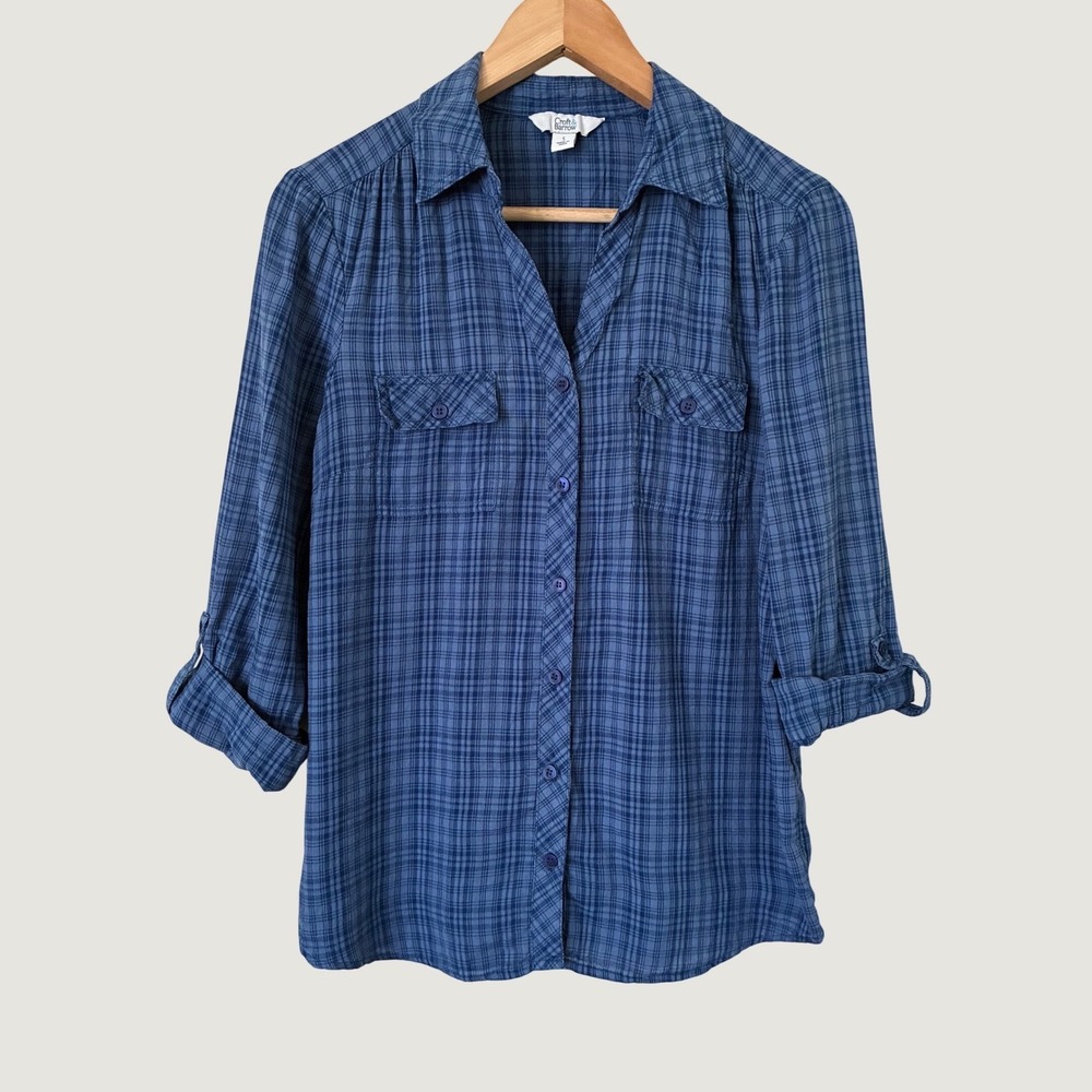 Craft & Barrow Blue Plaid Roll Tab Sleeve Button Down Shirt Small Classic
